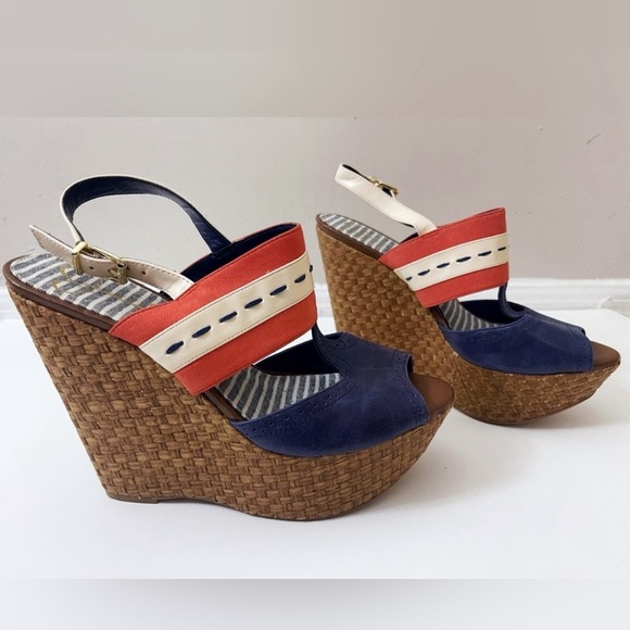 Y2K Jessica Simpson Leather Blue and Red Wedge Sandals Nautical Design Summer - Picture 1 of 14